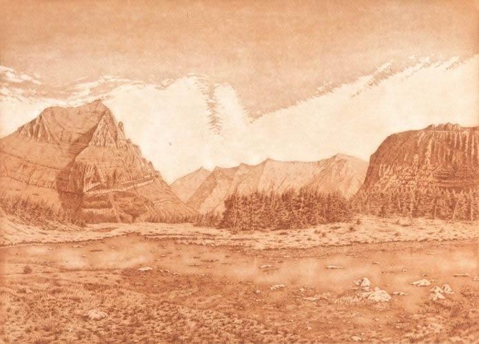 Logan Pass 15.5 x 22 inches, etching, 1981	